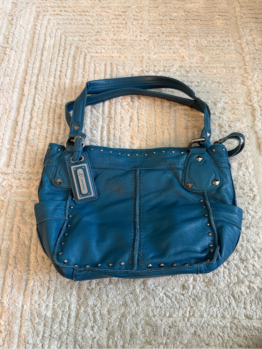 B. Makowsky Teal Leather Studded Shoulder Bag Satchel Purse